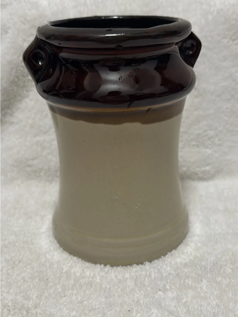 Vintage Ceramic Crock Utensil Holder - Brown & Cream